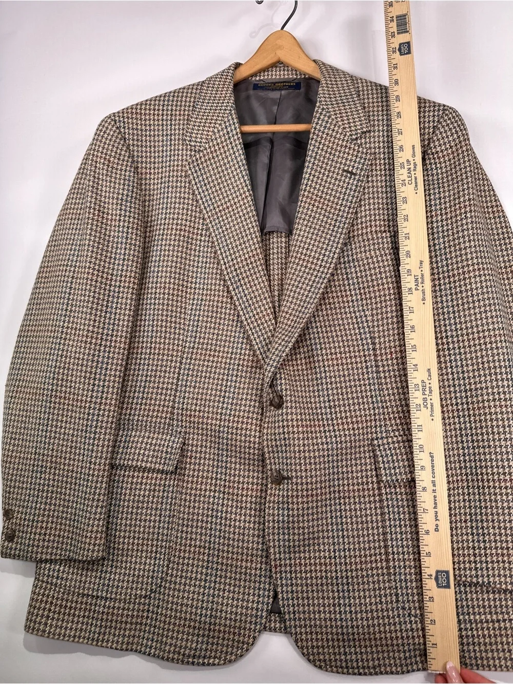 Brooks Brothers Blazer Vintage Silk Wool Houndstooth Plaid Brown Blue 46R